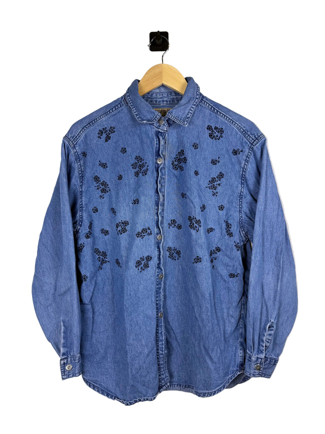 Denim Floral Embroidered Button-Up Shirt