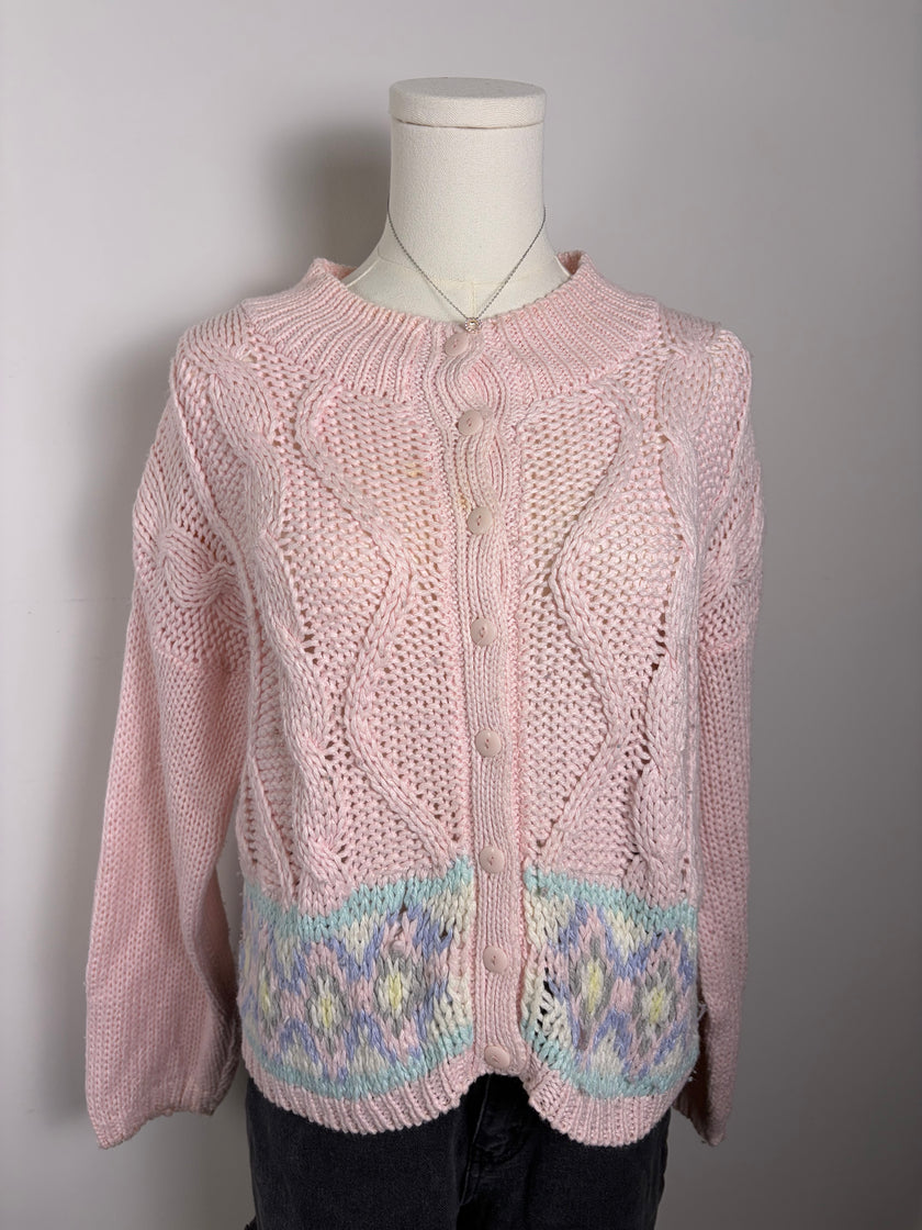 Margules Pink Pastel Cable Knit Button Up Sweater