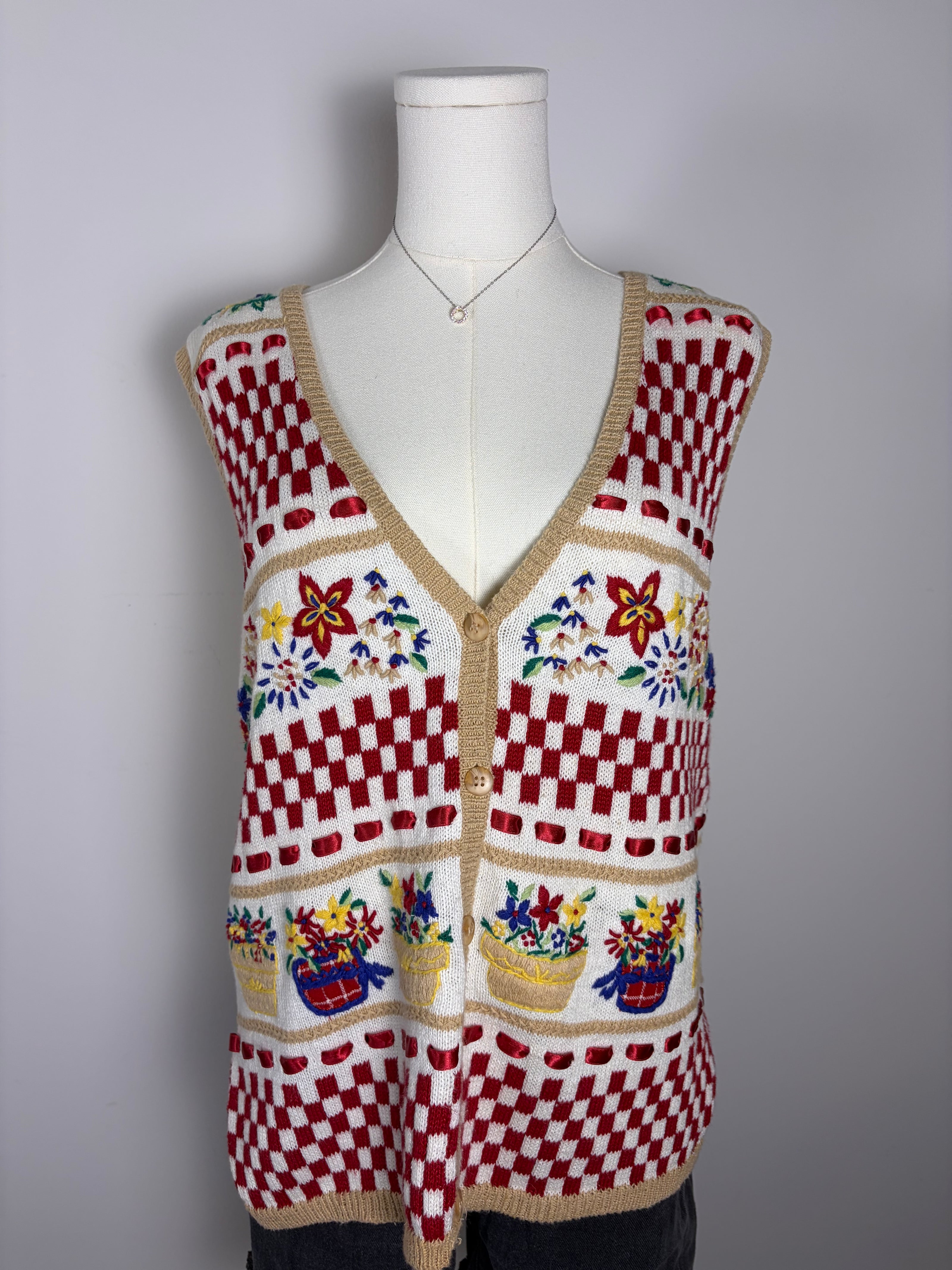 Jantzen Embroidered Granny Floral Picnic Garden Vest
