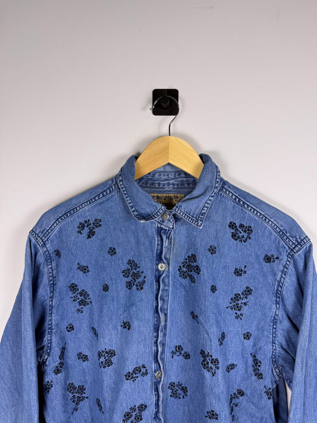 Denim Floral Embroidered Button-Up Shirt