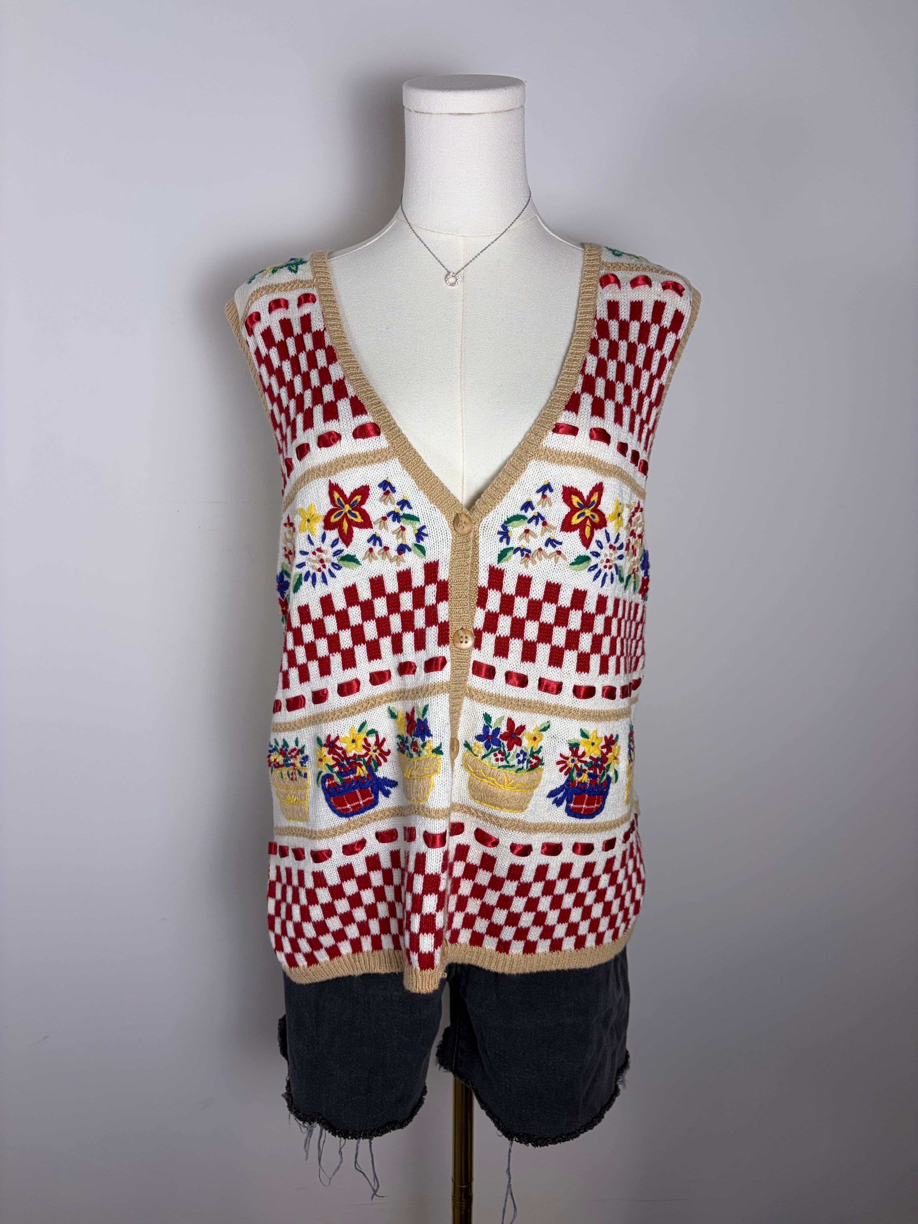 Jantzen Embroidered Granny Floral Picnic Garden Vest
