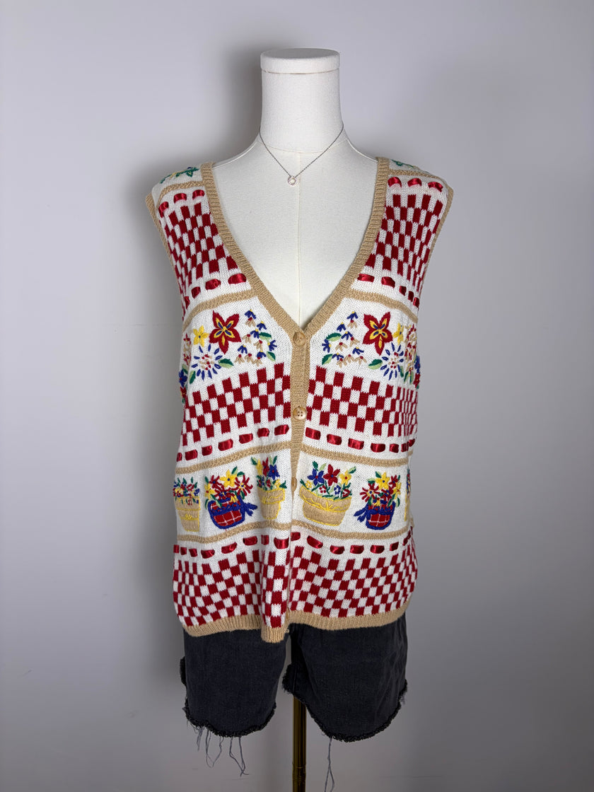 Jantzen Embroidered Granny Floral Picnic Garden Vest