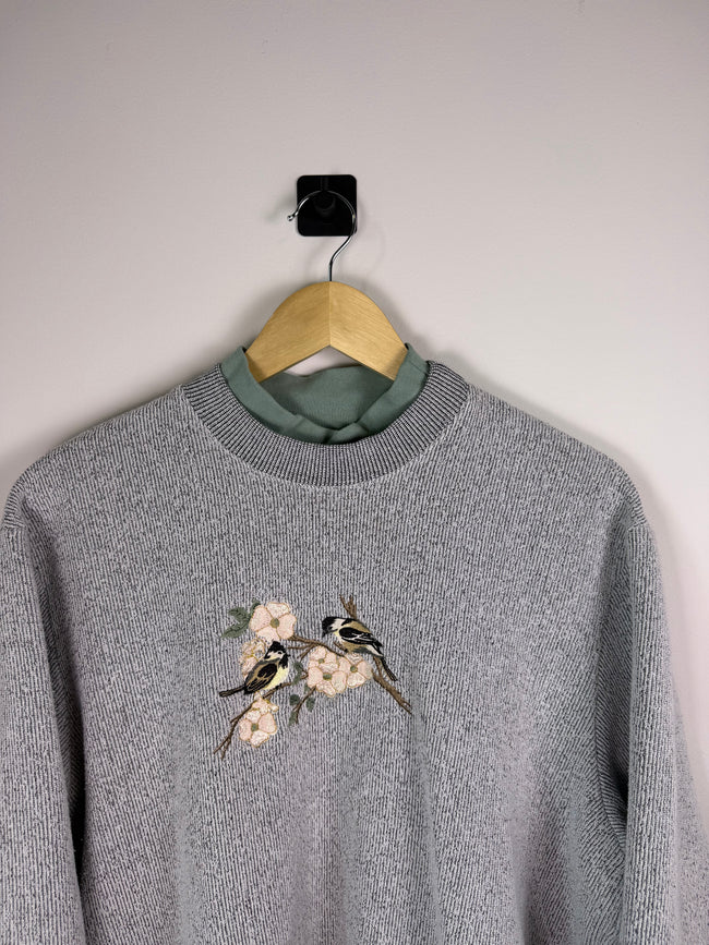Floral Bird Embroidered Double Collar Crewneck