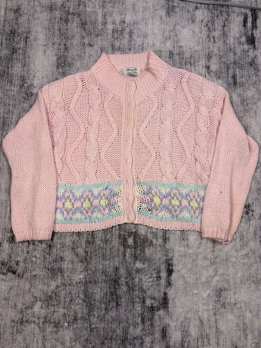 Margules Pink Pastel Cable Knit Button Up Sweater