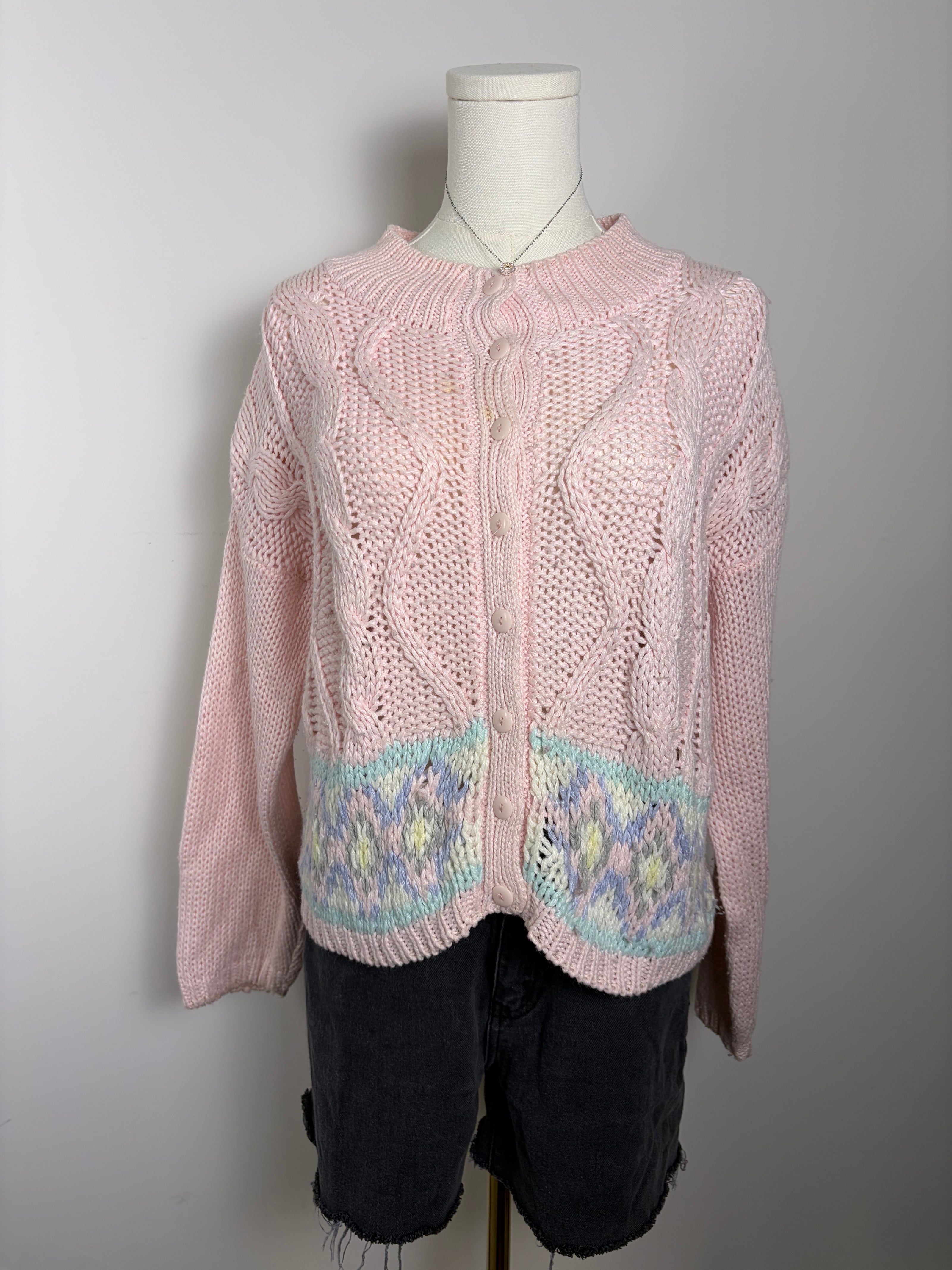 Margules Pink Pastel Cable Knit Button Up Sweater