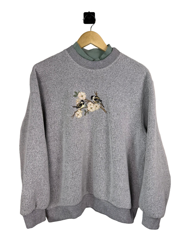Floral Bird Embroidered Double Collar Crewneck