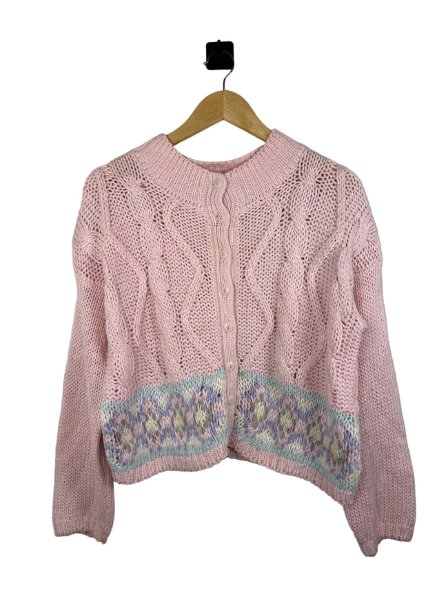 Margules Pink Pastel Cable Knit Button Up Sweater