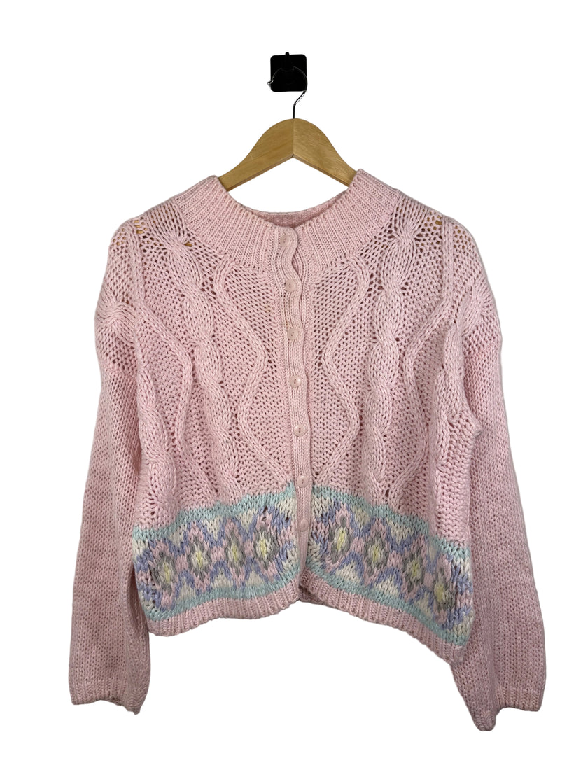 Margules Pink Pastel Cable Knit Button Up Sweater